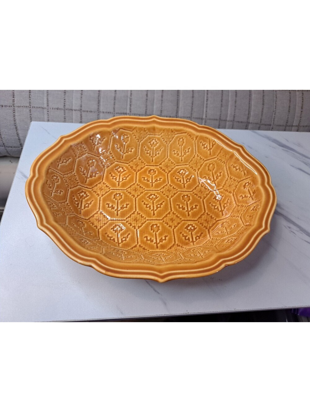 Vintage Autumn Gold Ceramic Serving Bowl Embossed Floral Petit-Point Pattern 9"